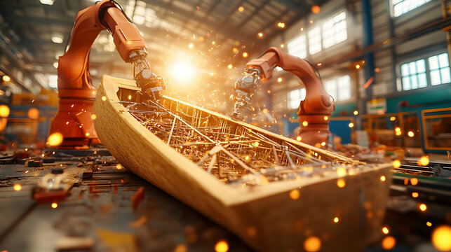 Robotic arms assembling wooden boat hull in factory.