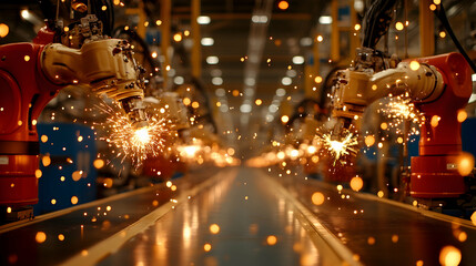 Robotic arms welding on assembly line, sparks flying.