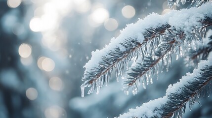 Frosty fir branches with melting snow and icicles, soft bokeh effect highlighting the tranquil forest background.