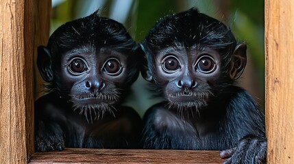   Two monkeys perched together atop a window ledge beside a potted plant