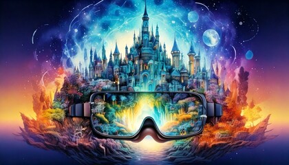 Obraz premium Watercolor VR headset projecting a fantasy world filled with glowing castles