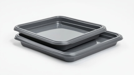 Plastic lunch tray from various angles of view. Realistic 3d mockup of grey rectangular smooth minimalist look with raised edges perfect for serving food or meals in cafe, cafeteria or school canteen.