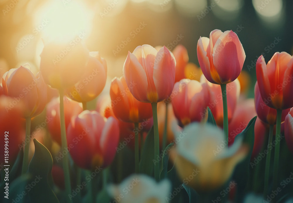 Poster tulips glowing in warm sunlight, creating a dreamy spring atmosphere with vibrant colors and soft fo