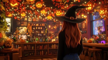 Obraz premium A witch in a black hat stands in a Halloween bar, surrounded by jack-o'-lanterns and autumn decorations. Perfect for Halloween themes, spooky events, or autumnal celebrations.