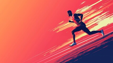 Dynamic Illustration of a Male Runner Sprinting Through a Vibrant Gradient Background in Shades of Orange and Blue, Representing Motion and Energy in Sports