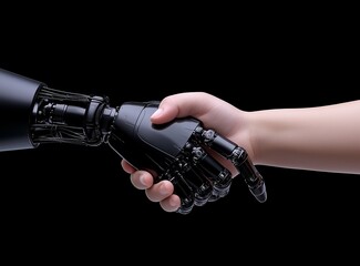 A human and a robot engage in a handshake. This is a stock photo representing the concept of the future.