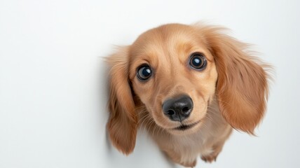 Cute puppy hanging upside down, displaying whimsical posture against pristine white backdrop