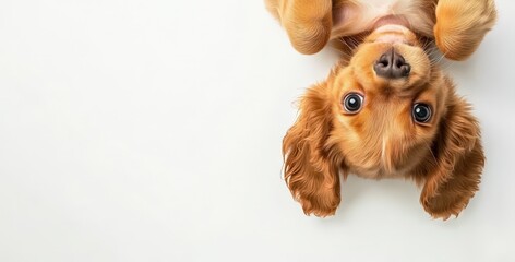 Cute puppy hanging upside down, displaying whimsical posture against pristine white backdrop