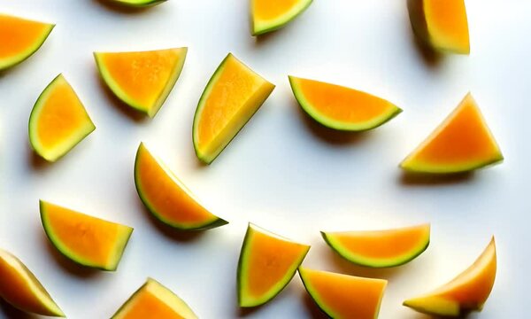 A vibrant pattern of juicy cantaloupe melon slices on a white background.