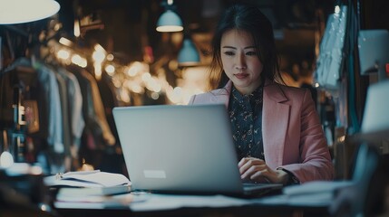 Obraz premium Asia-born enthusiasts or a lady in shock from excitement sell enthusiastically and relish good news while working remotely from home or in stores. They read bank fund approval messages with