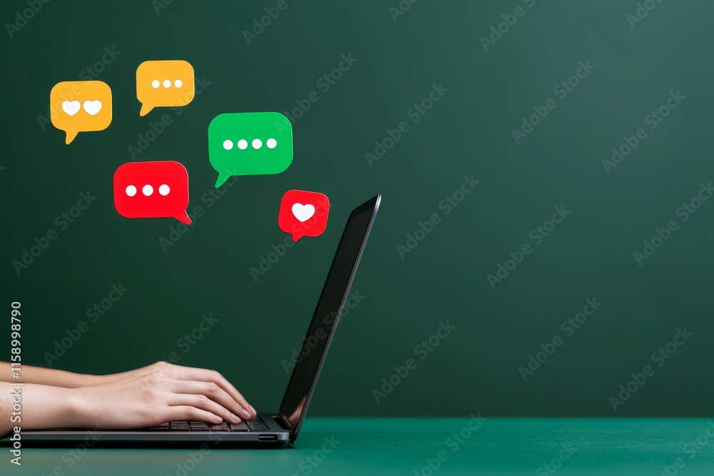 Poster a businessman uses a computer with a chatbot interface for continuous customer service.