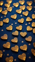Glittering golden hearts pattern on deep blue background.