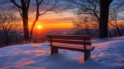 Lonely bench on a snow-covered hilltop, glowing orange sunset stretching across the horizon, surrounded by frost-touched trees.