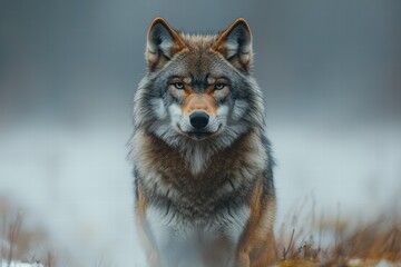 Obraz premium Wolf appears amidst thick fog creating a mysterious atmosphere in the wilderness