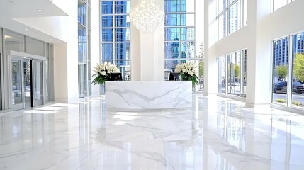 Fototapeta premium Modern Lobby Interior Design Marble Floor Glass Walls Reception Desk