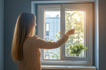 Woman opening a window in a cozy room to let in fresh air and sunlight