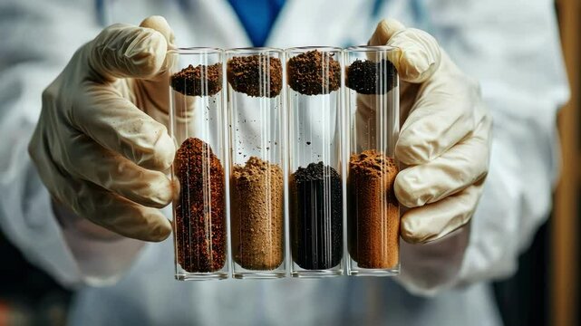 the biologist holds test tubes with soil in his hands. Selective focus