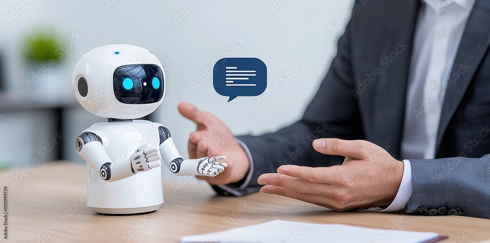 Poster a person is interacting with a chatbot for help with online customer service. they are using automat
