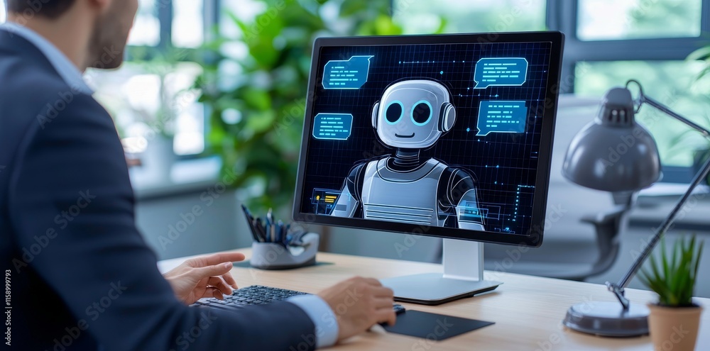 Poster a user is accessing online customer care via a chatbot, using automation technology for crm software