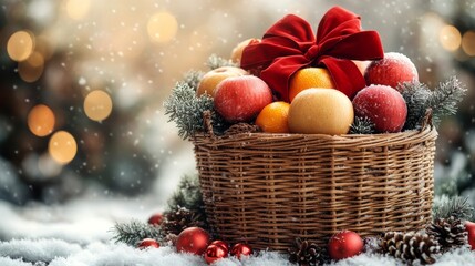 festive fruit basket with snow and holiday decorations