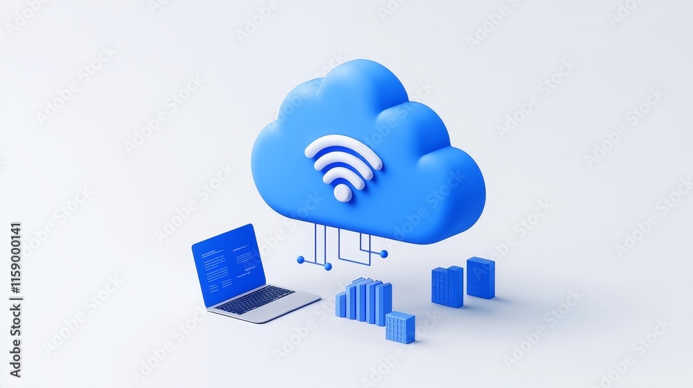 Poster 3d illustration: a visual of stock-driven cloud computing, showing a network of laptops with charts 
