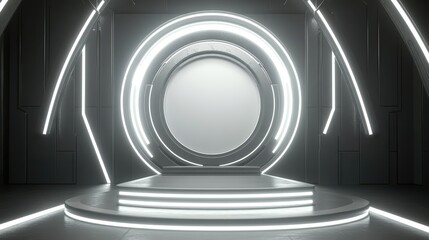 Obraz premium Futuristic Stage with Circular Neon Lights and Platform