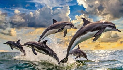 Fototapeta premium a flock of dolphins is jumping on the water with a cloudy sky in the background