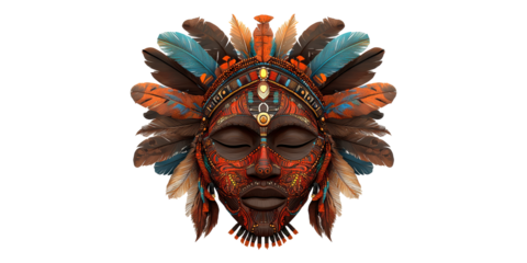 Traditional african tribal mask with feathers isolated on transparent background