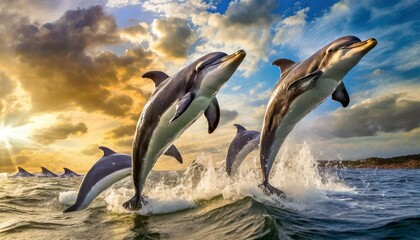 Fototapeta premium a flock of dolphins is jumping on the water with a cloudy sky in the background