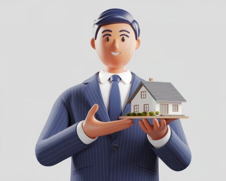 3D businessman holding a miniature house model on a light gray background - Powered by Adobe