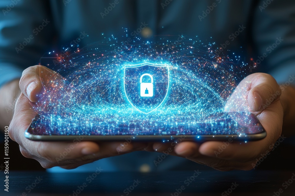 Poster protecting personal data on smartphones is achieved by business professionals utilizing encryption a