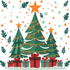 Christmas tree with gift box and light bulb and leaf with start and snowflake background illustration