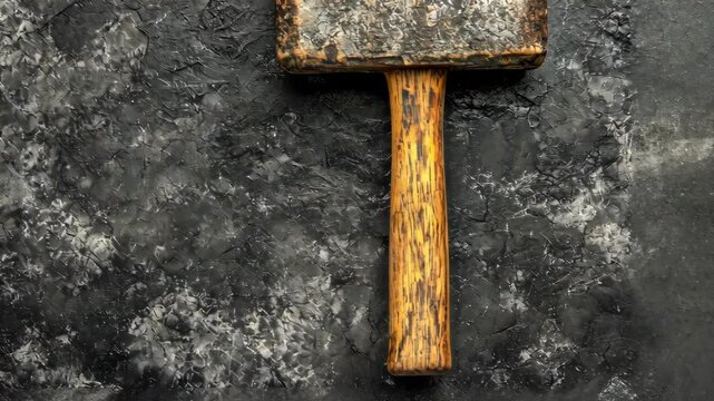 Rustic wooden mallet resting on a dark stone surface with textured patterns