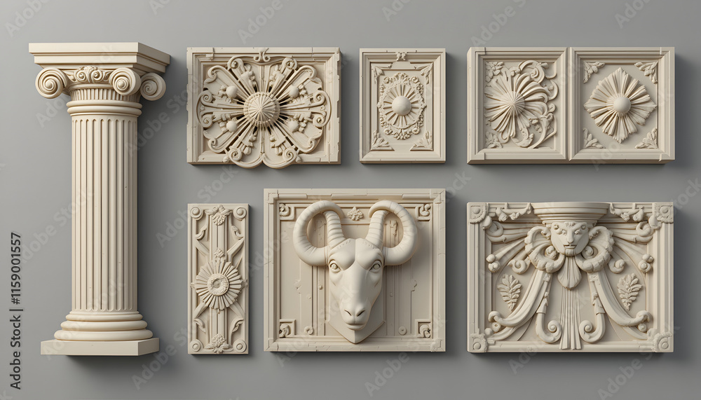Wall mural ornate architectural elements including columns and reliefs in classical style on a gray background