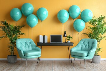 In this modern living room, a vibrant blue bookshelf, stylish chair, and green plants create a charming office cubicle or home office, suitable for Labour Day festivities or Learning at Work Week