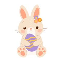 Easter bunny rabbit holding big Easter egg. Flat vector isolated illustration