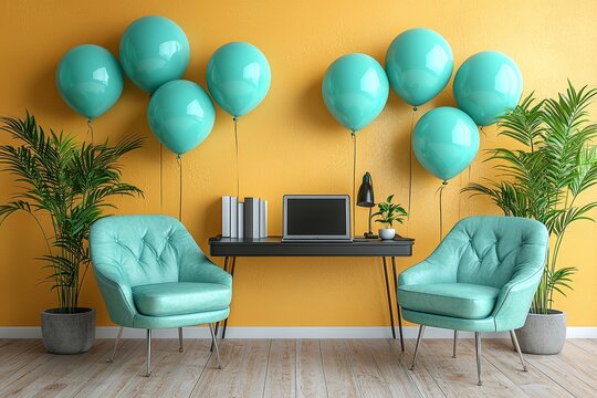 In this modern living room, a vibrant blue bookshelf, stylish chair, and green plants create a charming office cubicle or home office, suitable for Labour Day festivities or Learning at Work Week
