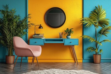 Workplace with a computer and a bookshelf in a yellow room, suitable for an office cubicle or home office—cute and colorful for Labour Day or Learning at Work Week