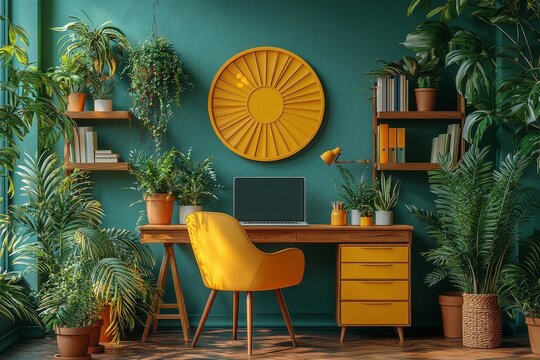 Home office, set up as an office cubicle with a playful, colorful vibe, tailored for Labour Day or Learning at Work Week