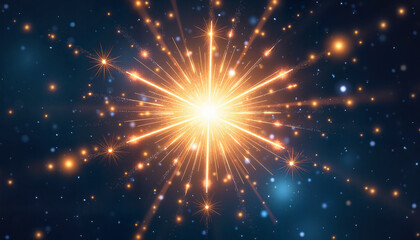 Fototapeta premium A shining Christmas star in golden and white hues with rays spreading over a dark blue background, surrounded by soft twinkling lights