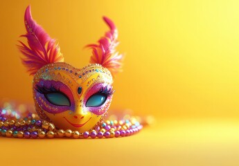 Obraz premium Colorful Carnival Mask with Vibrant Feathers and Sparkling Details against Bright Yellow Background for Festive Celebrations and Events