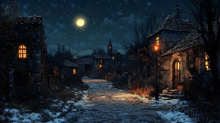 Abandoned Village Haunted House Night Scene Spooky Atmosphere Mysterious Path Illustration