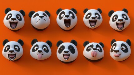 Naklejka premium Ten 3D panda faces showing various emotions against an orange background.