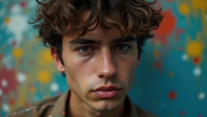 Close-up portrait of a young man with curly brown hair, set against a vibrant, colorful background. His intense gaze and serious expression create a captivating image.