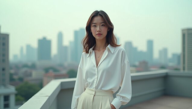 A young Asian woman in a crisp white shirt and light beige pants stands on a rooftop, the cityscape blurred in the background. A calm and sophisticated mood.