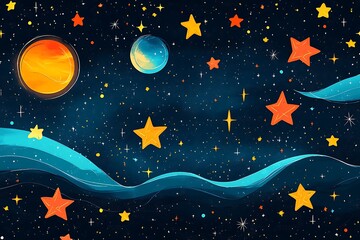 Colorful Cartoon Space Illustration with Planets and Stars