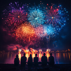 A group of people celebrating New Year's Eve, watching colorful fireworks in the sky at night, near the sea or ocean, in a festive atmosphere.