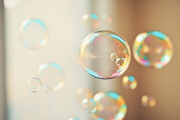 Naklejka premium Many iridescent soap bubbles float. Perfect for concepts of childhood, dreams, or fragility.