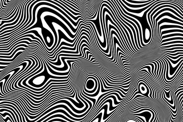 Abstract liquify black and white lines background, abstract poster design with  realistic optical interference effect