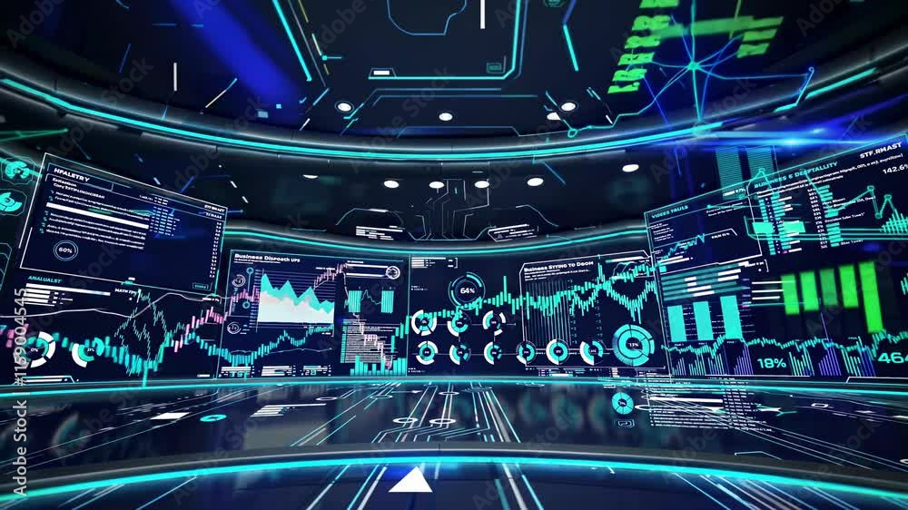 Poster visual representation of data analytics in a futuristic workspace showcasing various digital graphs 